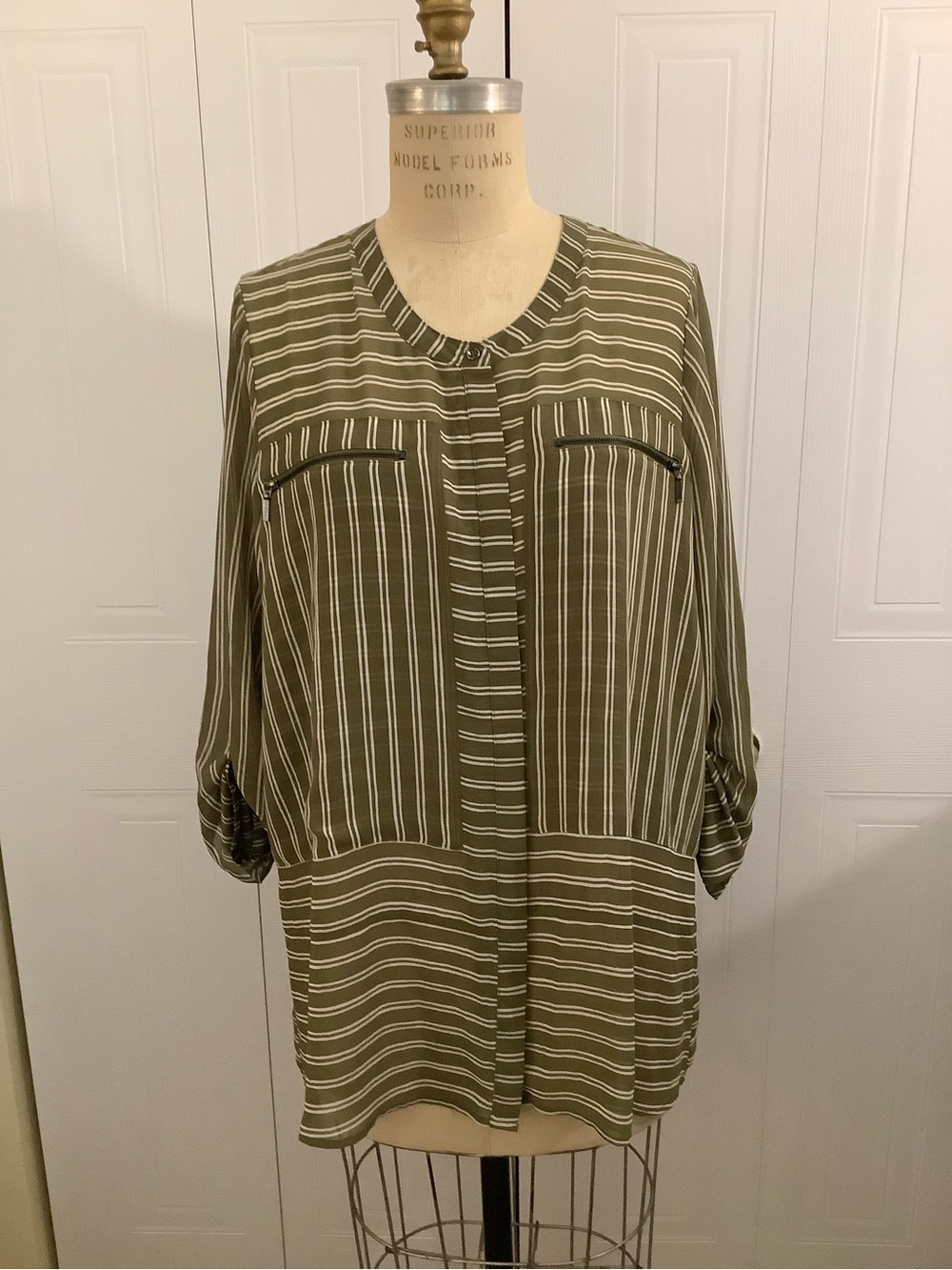 Reitmans Olive and White Striped Blouse